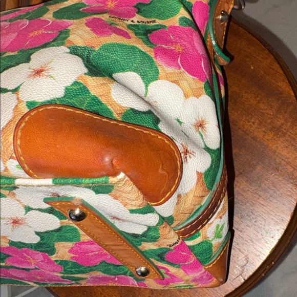 Dooney & Bourke Floral Satchel coated canvas pink tan green white/leather trim - Picture 10 of 17